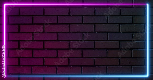 Neon border frame background in pink and blue on a brick wall background. Digital technology effect duotone line - seamless animation loop. 4K Video 