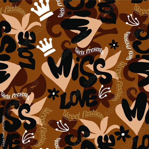 Abstract Hand Drawing Slogans Words Hearts and Flowers Graffiti Seamless Vector Pattern Isolated Background