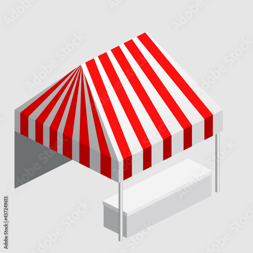 Isometric market stall, tent. Street awning canopy kiosk, counter, white red strings for fair, street food, market, grocery goods. Vector isolated