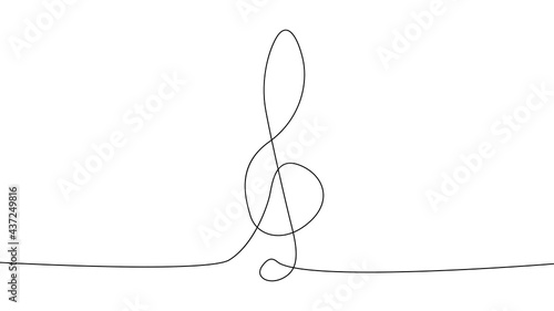 A treble clef and notes are drawn by a single black line on a white background. Continuous line drawing. illustration.