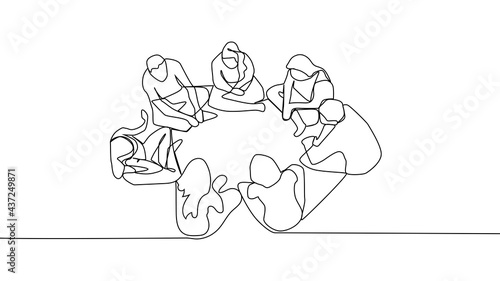 Continuous line drawing group of people sitting, standing, meeting and support