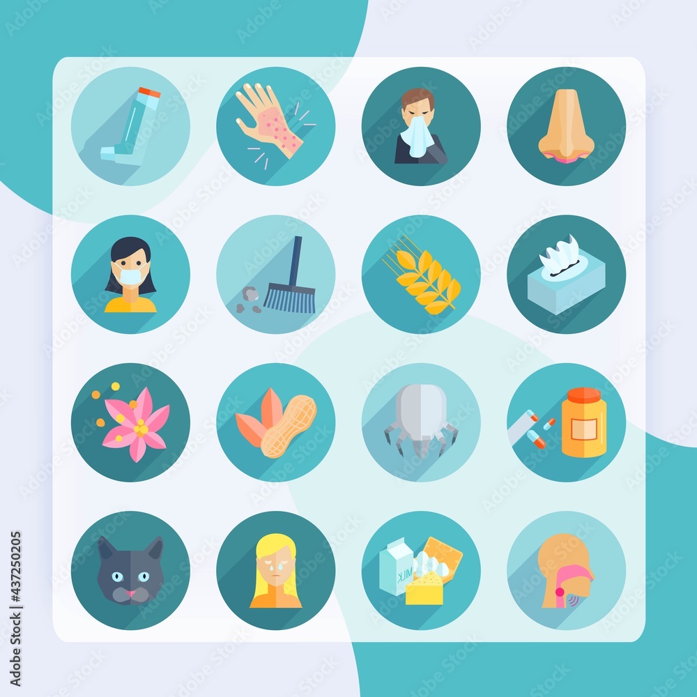 Allergy icon flat set with cough rhinitis dermatitis sneeze isolated vector illustration Allergy icon flat set with cough rhinitis dermatitis sneeze isolated vector illustration