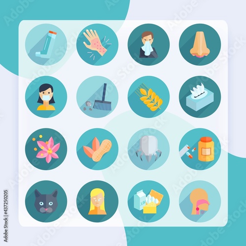 Allergy icon flat set with cough rhinitis dermatitis sneeze isolated vector illustration