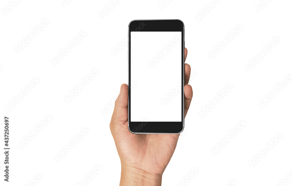 Hand holding smartphone device touching screen Hand holding smartphone device touching screen