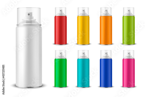 Vector 3d Realistic Aluminum Blank Spray Can, Bottle, Transparent Lid Set Isolated. Design Template, Sprayer Can, Mock up, Package, Advertising, Hairspray, Deodorant