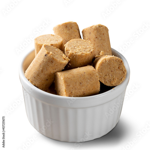 Sweet Brazilian peanut called Paçoca isolated on white background. From June Celebration