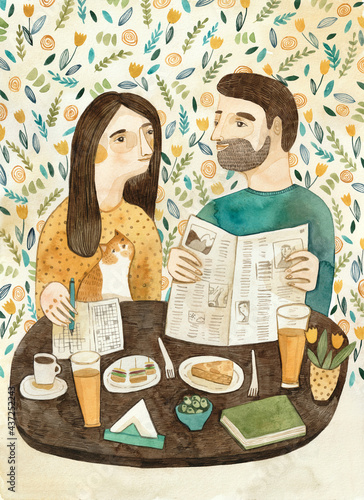 Couple in a cafe with coffee, beer, newspaper and a cat. 