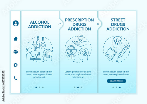 Addiction types onboarding vector template. Responsive mobile website with icons. Web page walkthrough 3 step screens. Prescription drugs addiction color concept with linear illustrations