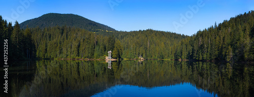 panopamic Lake Synevir in the Carpathian Mountains in Ukraine.