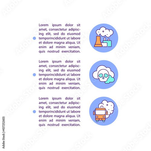 Industry, transport emissions concept line icons with text. PPT page vector template with copy space. Brochure, magazine, newsletter design element. Urban air pollution linear illustrations on white