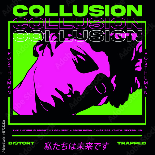 neon colors with bust Japanese slogan with manga face Translation: "We are the future." Vector design for t-shirt graphics, banner, fashion prints, slogan tees, stickers, flyer, posters