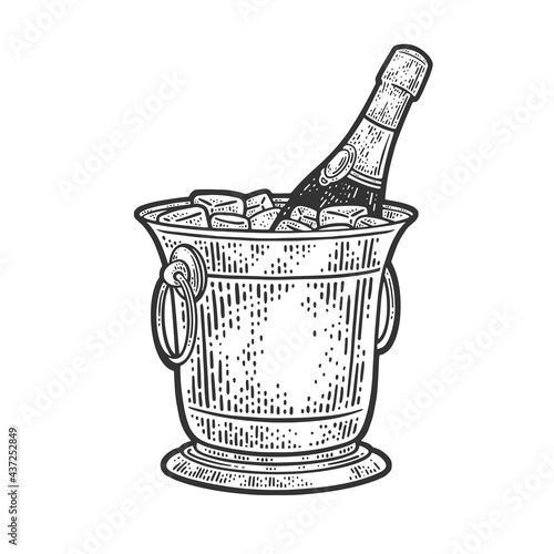 champagne in an ice bucket line art sketch engraving vector illustration. T-shirt apparel print design. Scratch board imitation. Black and white hand drawn image.
