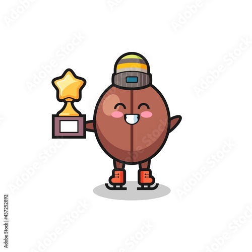 coffee bean cartoon as an ice skating player hold winner trophy