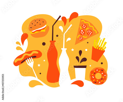 Fast food meal. Hot dog sausages, cheese burger, pizza pepperoni, french fries, donut, bottles drink, coffee cup. Banner for street food festival, menu, poster. Fastfood isolated vector illustration