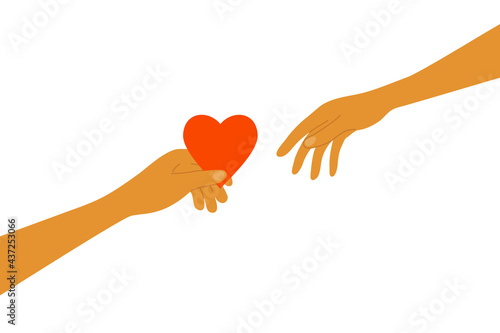 Sharing love. Human hand holds out red heart shape to another person. Charity, volunteer work concept. Giving helping hand for poor or refugees. Happy Valentine day postcard. Love vector illustration