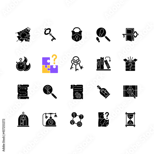 Escape room black glyph icons set on white space. Challenge for logic skills. Solving puzzles. Mystery quest. Isolated vector illustrations. Solving puzzles simple filled line drawings collection