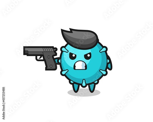 the cute virus character shoot with a gun