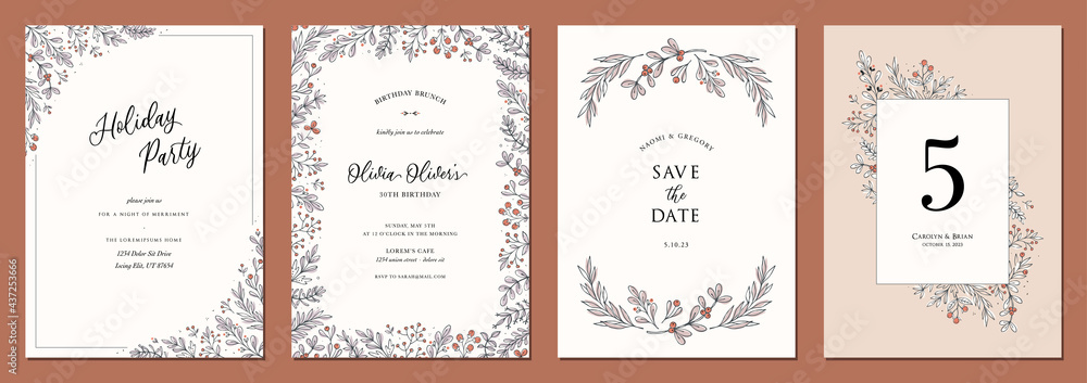 Set of floral universal artistic templates. Good for wedding, birthday, bridal and baby shower, corporate Holiday cards and invitations. 