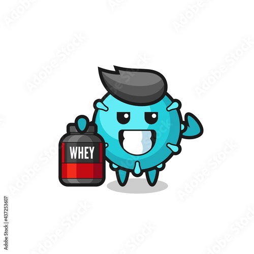 the muscular virus character is holding a protein supplement