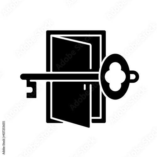 Finding key to get out black glyph icon. Gain access to open door. Solving puzzles, clues for riddles. Part of quest. Escape room. Silhouette symbol on white space. Vector isolated illustration