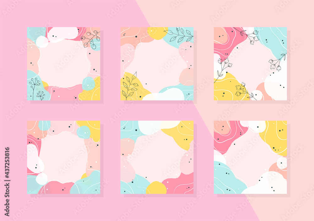 Abstract summer backgrounds. Set of colorful square templates decorated with floral elements and organic shapes. Suitable for social media posts, mobile apps and banners design. Vector 10 EPS. Abstract summer backgrounds. Set of colorful square templates decorated with floral elements and organic shapes. Suitable for social media posts, mobile apps and banners design. Vector 10 EPS.