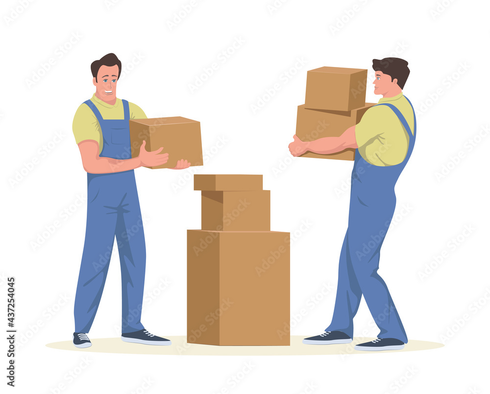 Movers with cardboard boxes in yellow t-shirts and blue overalls stand full-length and smile. Movers with cardboard boxes in yellow t-shirts and blue overalls stand full-length and smile.
