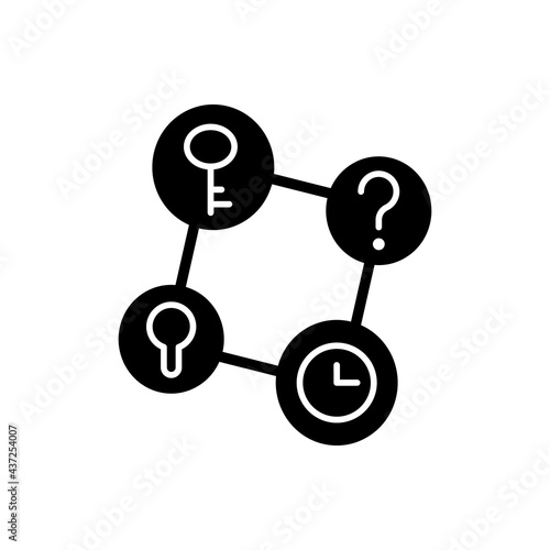 Connecting facts black glyph icon. Mind game. Analyze question. Solving puzzles, clues for riddles. Part of mystery quest. Escape room. Silhouette symbol on white space. Vector isolated illustration