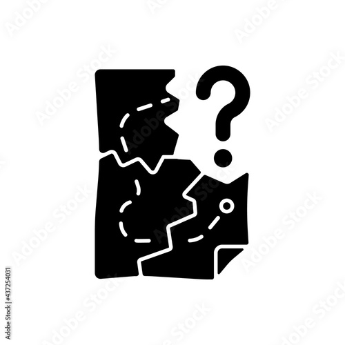 Map pieces black glyph icon. Route to pirate treasure. Find pathway. Solving puzzles, clues for riddles. Part of quest. Escape room. Silhouette symbol on white space. Vector isolated illustration