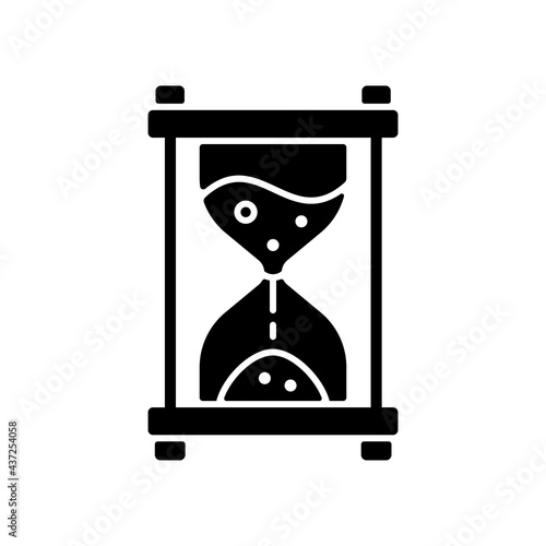 Hour glass black glyph icon. Time measurement. Countdown with old clock. Solving puzzles. Part of mystery quest. Escape room. Silhouette symbol on white space. Vector isolated illustration