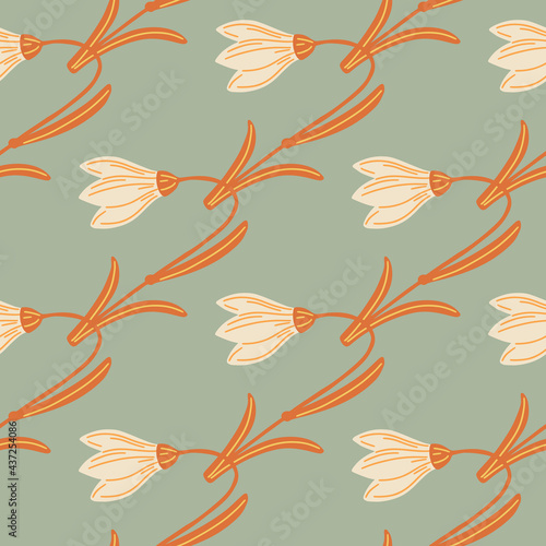 Orange colored bluebell ornament seamless pattern in hand drawn style. Pastel turquoise background.