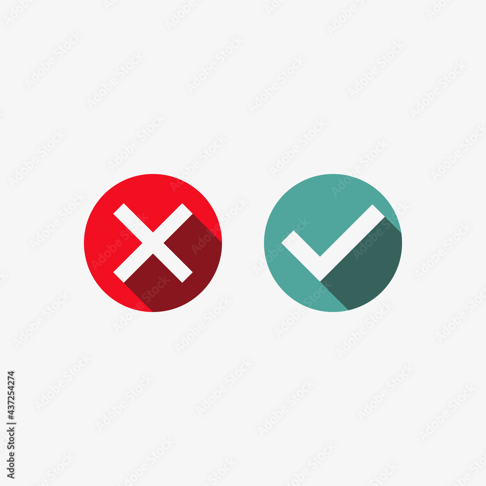Green tick symbol and red cross in circle. Icons for assessment exam. Green tick symbol and red cross in circle. Icons for assessment exam.