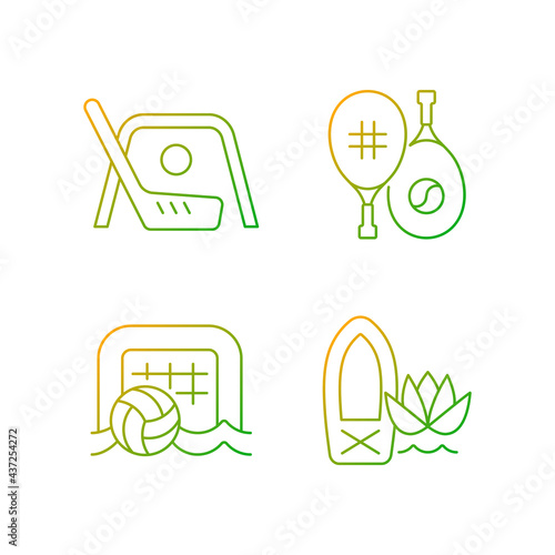 Summer camp activities gradient linear vector icons set. Street hockey. Racket sport. Beach soccer. Outdoor game. Thin line contour symbols bundle. Isolated vector outline illustrations collection
