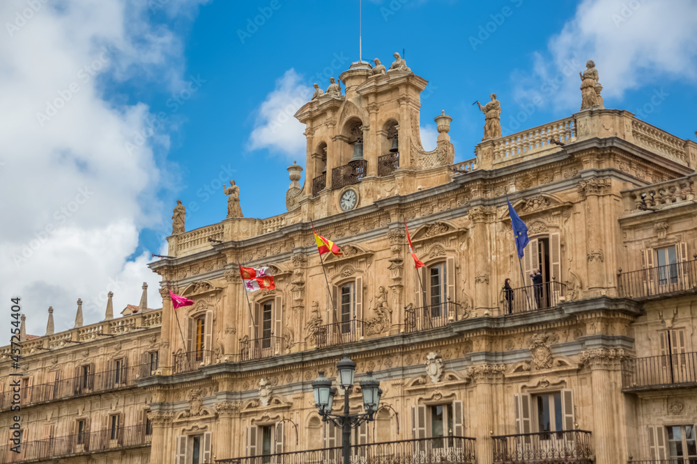 View at the baroque facade at the Salamanca City Hall, Ayuntamiento de Salamanca, on Plaza Mayor in Salamanca downtown city
