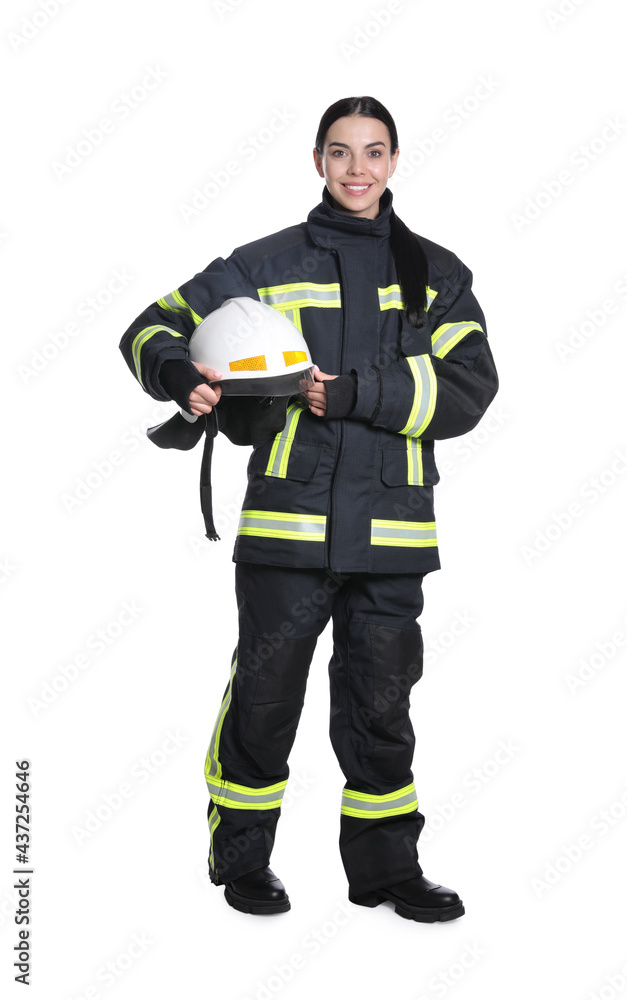 Full length portrait of firefighter in uniform with helmet on white background Full length portrait of firefighter in uniform with helmet on white background