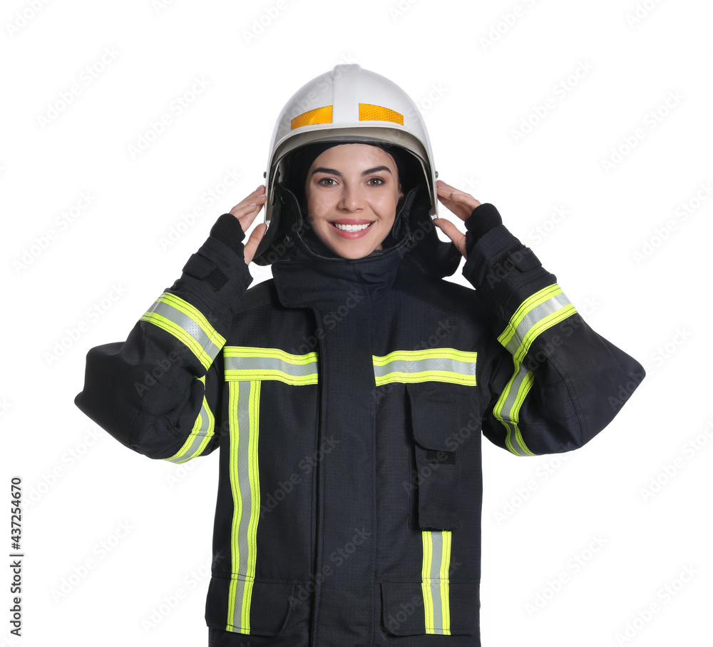Portrait of firefighter in uniform and helmet on white background Portrait of firefighter in uniform and helmet on white background