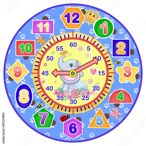 Cute baby elephant on the watch face.Dial for alarm clock, table, wall clock models, wrist watches, pocket watches, timer or stopwatch for children.