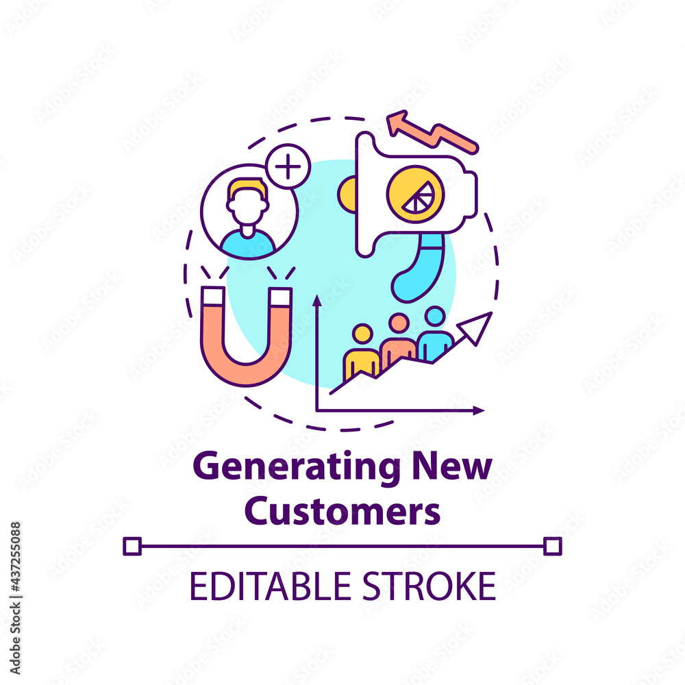 Generating new customers concept icon. Strong brand benefit abstract idea thin line illustration. Increasing sales. Highly targeted advertising. Vector isolated outline color drawing. Editable stroke Generating new customers concept icon. Strong brand benefit abstract idea thin line illustration. Increasing sales. Highly targeted advertising. Vector isolated outline color drawing. Editable stroke