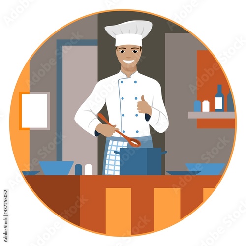 Smiling chef in cook uniform with ladle and saucepan in the kitchen. Vector illustration.

