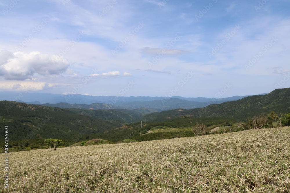 伊豆山稜歩道の風景。伊豆の山々の尾根道を歩くコース。伊豆の高原、山々を眺めを楽しみながらのウオーキング。　風早峠からの景色。	
