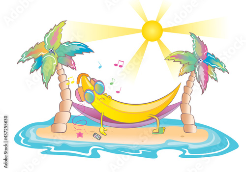 Banana with sunglasses resting and listen music on the beach, Summer holiday colorful background vector illustration