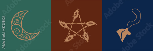 Sacred Witch and Mystical Symbols in featuring hour glass, sun, heart, crystal, hand, moon