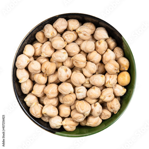 raw dried chickpea seeds in round bowl isolated