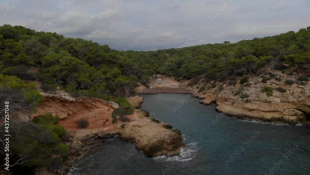 Drone point of view rocky coastline of Cap Falco of Mallorca. Picturesque nature, scenic landscape during sunny warm day. Spain, Europe, Baleares Drone point of view rocky coastline of Cap Falco of Mallorca. Picturesque nature, scenic landscape during sunny warm day. Spain, Europe, Baleares