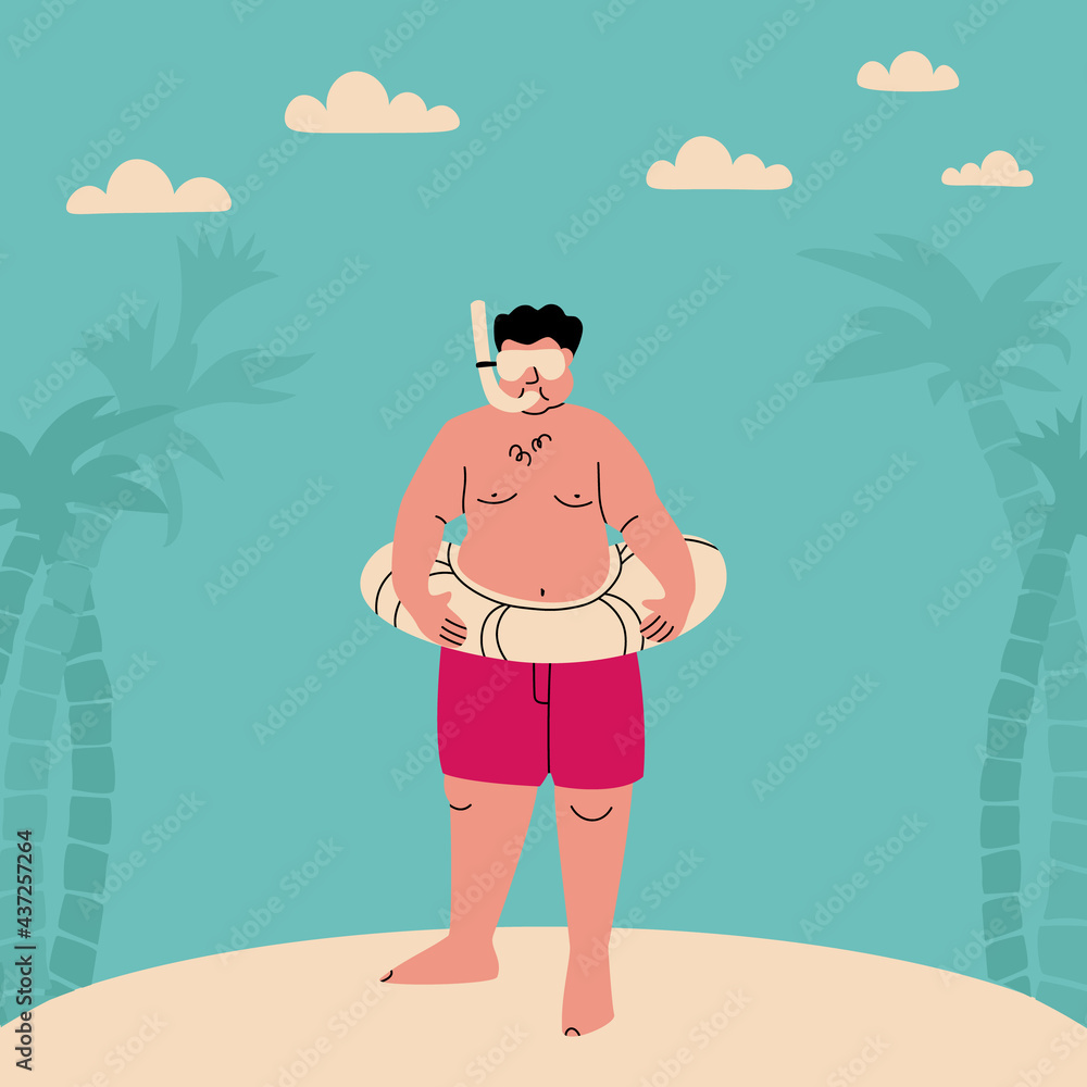 Chubby man in an underwater mask and an inflatable ring. Funny flat vector illustration. Fat person in swimsuit on beach with palm trees and clouds. Sports plus size persons.