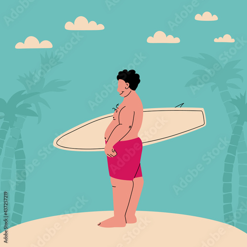 Fat man with surfboard is on beach. Chubby and happy surfer. Vector trending flat illustration. Sports plus size persons. Beach with palm trees and clouds.