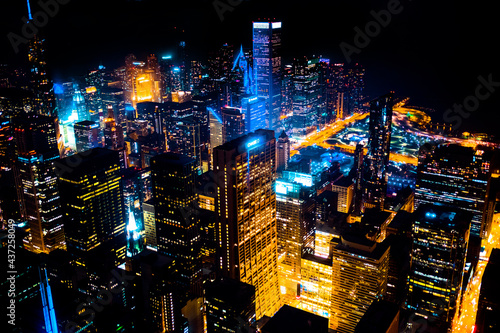 Chicago, Illinois, USA - Aerial view of Chicago downtown skyline at night, USA
