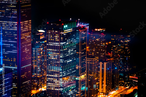 Chicago, Illinois, USA - Aerial view of Chicago downtown skyline at night, USA