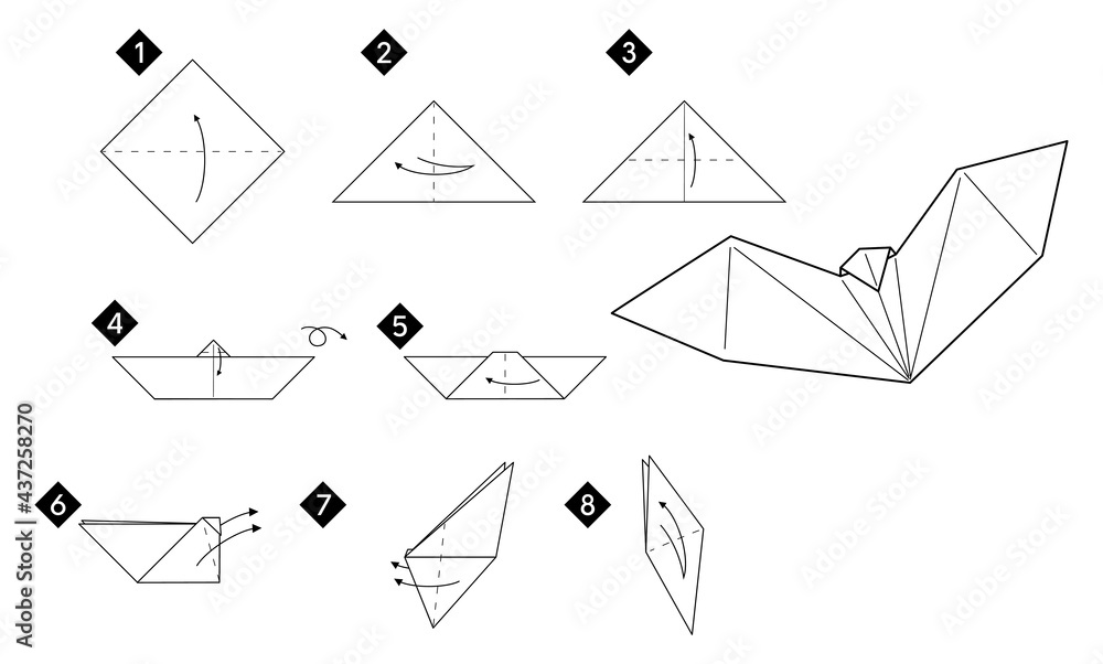  How to make origami  bat. Step by step paper DIY instruction. Vector monochrome black line illustration. - obrazy, fototapety, plakaty 
