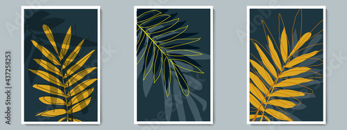 Botanical Dark Luxury Wall Art Vector Poster Set. Minimalist Shadow Green, Blue, Gold Foliage with Night Background. Wall art Desing for Home Decor, Print, Cover, Wallpaper, Frame, Prints.