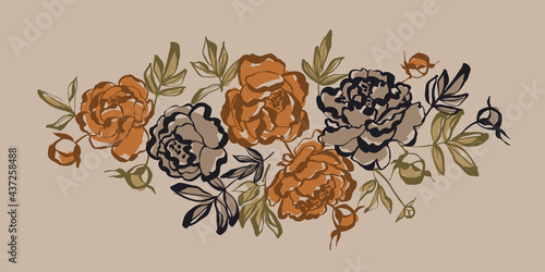 Peony flowers vector illustration in earthy colors